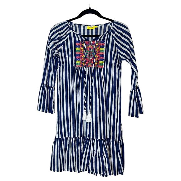 Roller Rabbit Maricruz Striped Embroidered Bell Sleeve Mini Dress Navy White XS - Picture 2 of 6